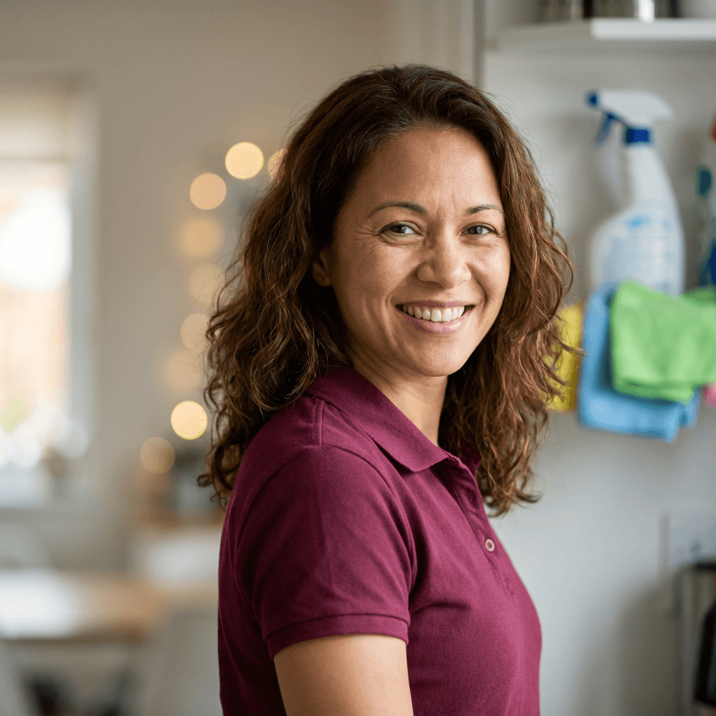 Priya Patel in a cardigan in a bright kitchen