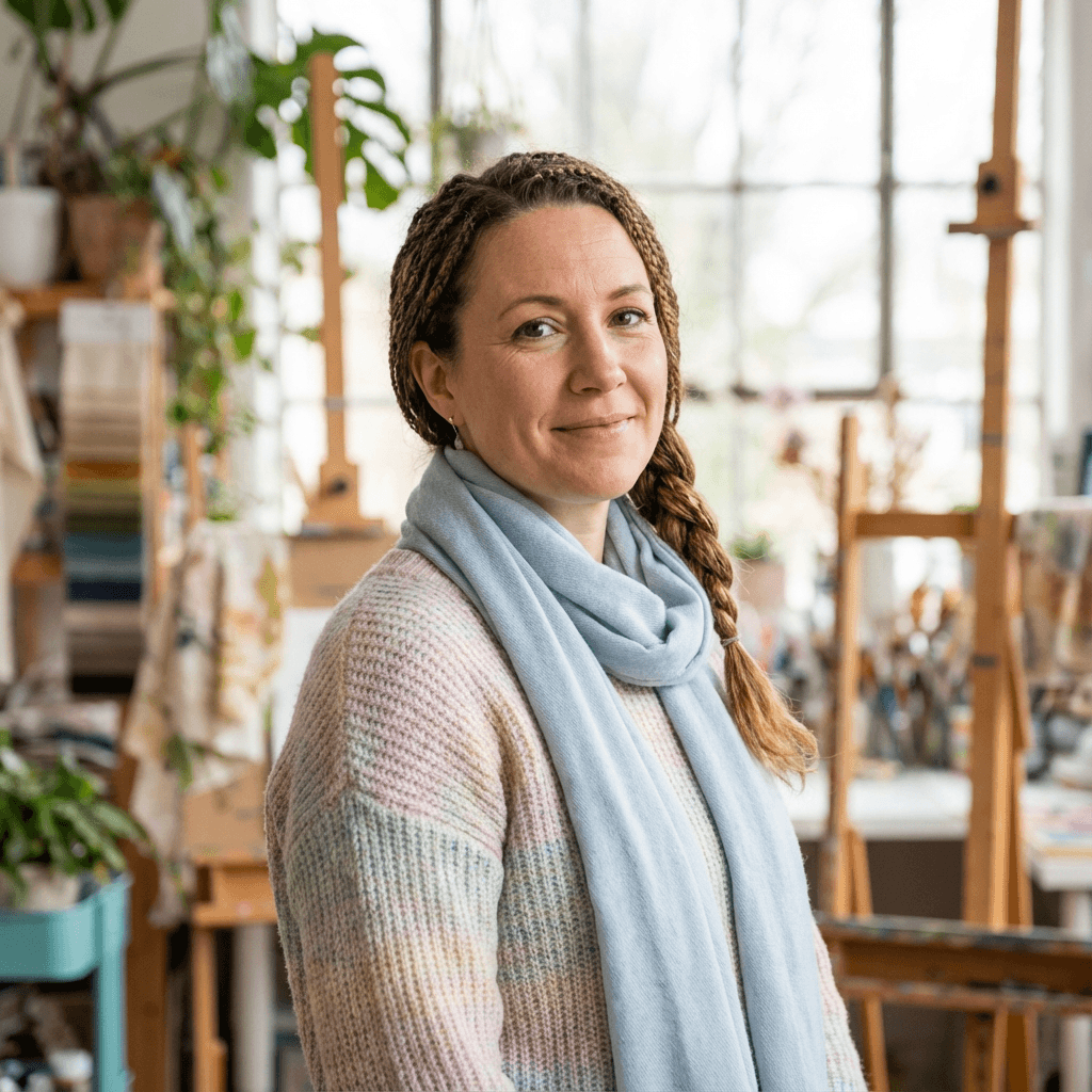Sarah Mitchell in a casual sweater in a bright living room