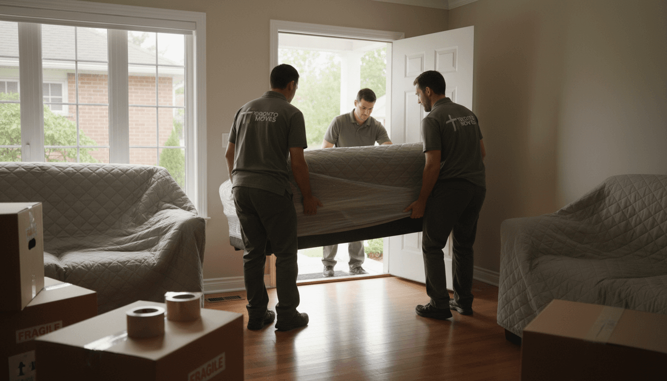 Professional movers carrying furniture through a Toronto home