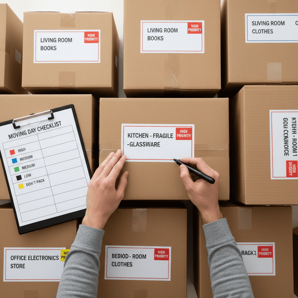 Mover reviewing an inventory checklist beside stacked boxes in a Toronto apartment
